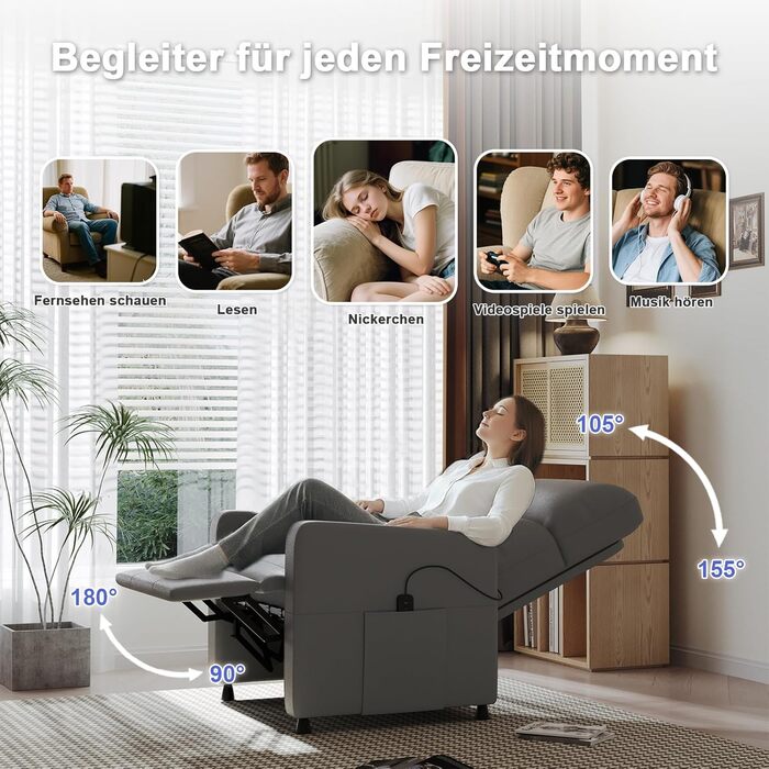 Крісло-реклайнер JUMMICO Recliner для телевізора з функцією відкидання, електрично регульоване, з штучної шкіри, для вітальні, спальні, домашнього кінотеатру (сіро-зелене)