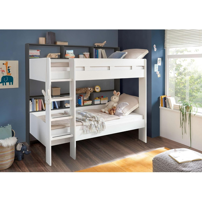 Сучасне ліжко-горище зі сходами та двома поверхнями для лежання 90 x 200 см - Компактне дитяче двоярусне ліжко білого/антрацитовог