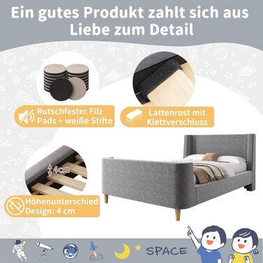 Дитяче м&39яке ліжко Merax 90x200 см, каркас одного ліжка з рейковою основою, високим узголів&39ям та ізніжжям, миле дитяче ліжко з креативним мультяшним візерунком, для хлопчиків та дівчаток, оксамит, матрац не входить до комплекту, сірий 90 x 200 см сір