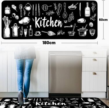 Килим для передпокою Alishomtll Runner, нековзний, 60x180 см, кухонний килимок, протиковзкий, можна прати, стійкий до плям, абсорбуючий, сучасний килимок, легкий у догляді, килимок для кухні, для вітальні, чорний, 60 x 180 см