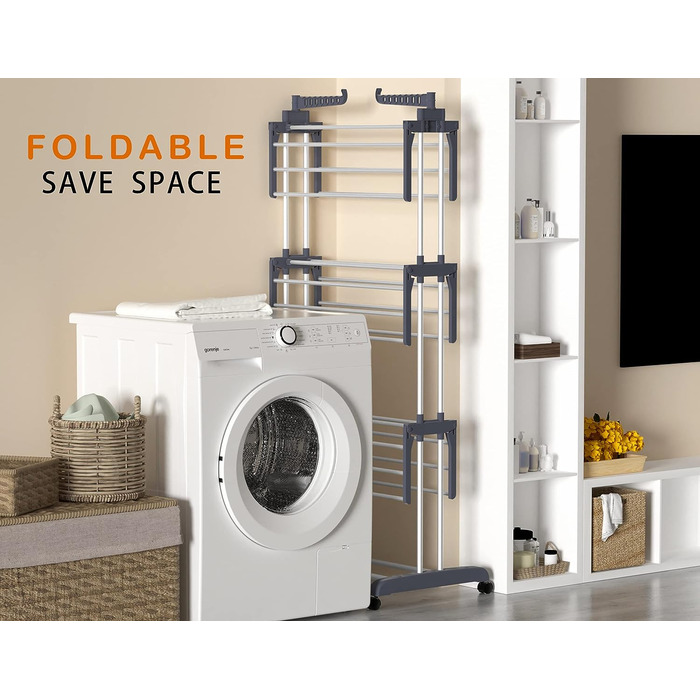 Сушарка для білизни HOMIDEC Сушарка для білизни на коліщатках, компактна - з 6 відкидними крилами і 2 обертовими бічними крилами,