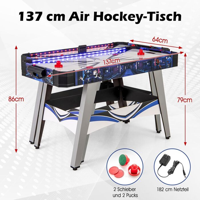 Стіл для аерохокею GOPLUS 137 см, ігровий стіл для хокею зі світлодіодним електронним табло та підсвічуванням, настільний хокей з 2 шайбами, 2 слайдерами, для ігрової кімнати, дому, офісу