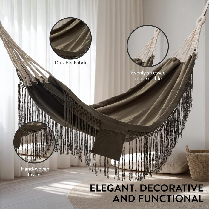 Бавовняний гамак для вулиці та дому - 220 x 115 см - Гамак з тканини в стилі бохо - Гамак для саду або балкону - Вуличний гамак - Темно-сірий