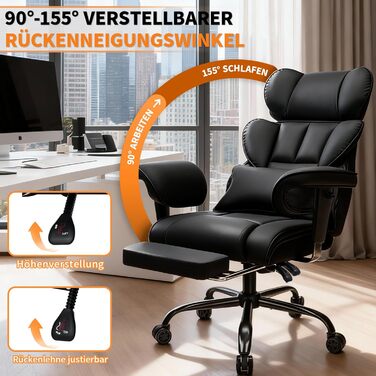 Ергономічне офісне крісло HOFFREE, до 200 кг, штучна шкіра, чорний