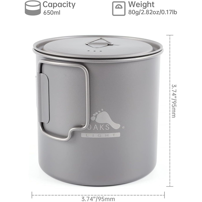 Титановий горщик TOAKS 750 мл, кемпінговий кухоль, чашка для кемпінгу, туристичний посуд 650 мл