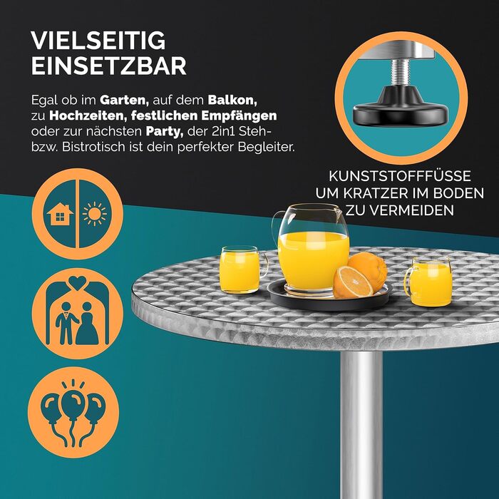 Складаний стіл Casaria 2-в-1, регульована висота 70 см / 115 см заввишки, алюміній, круглий Ø60 см, водонепроникний, садовий бістро-стіл, пивний столик, стіл для вечірки, 1 срібний