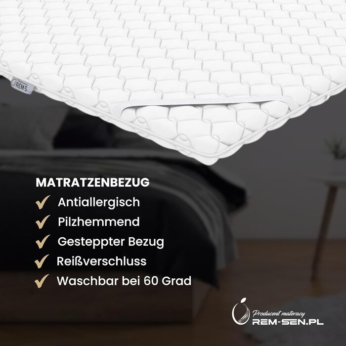 Наматрацник REM-Sen, 90x200 см, висота 6 см, рівень жорсткості 5 (H5). Виготовлений з дуже міцного пінополіуретану з тришаровим мембранним покриттям. Підходить для диванів або будь-якої іншої зони відпочинку. Сертифіковано Oeko-Tex. H5 90 x 200 см