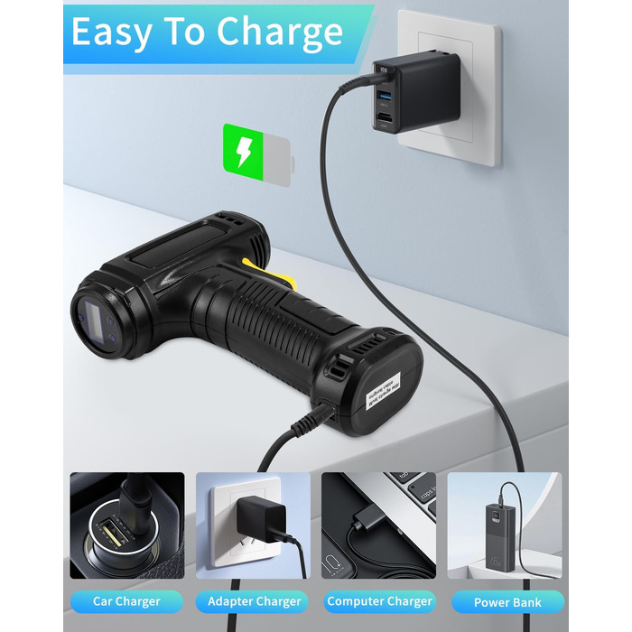 Електричний повітряний насос, автомобільний компресор, 154x73x52 мм, 10.3 бар / 150 PSI, ABS-пластик, сріблясто-сірий/чорний