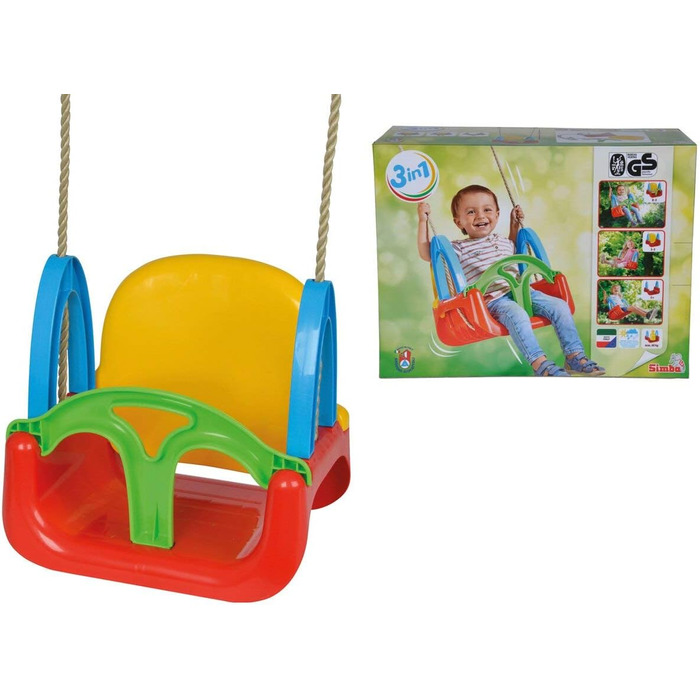 Гойдалка 3 в 1, мотузка попередньо змонтована, висота гойдалки приблизно 120 см, ширина сидіння 28 см, жовтий/синій/червоний/зелен