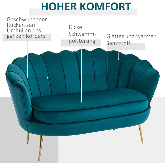 Місний диван HOMCOM з підлокітниками, спинка у формі пелюстки, товста оббивка, сучасний м&39який диван з оксамитовим виглядом, металеві ніжки для вітальні, 130 x 77 x 77 см, темно-зелений, 2-