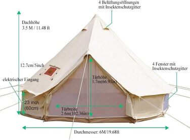 Водонепроникний кемпінговий намет, намет типі, сімейний намет, намет-піраміда, бавовняний індіанський намет з отвором для каміна, підстилка, намет-дзвін, круглий намет, груповий намет, висота стоячи, бежевий, 6 м/19,6 фута