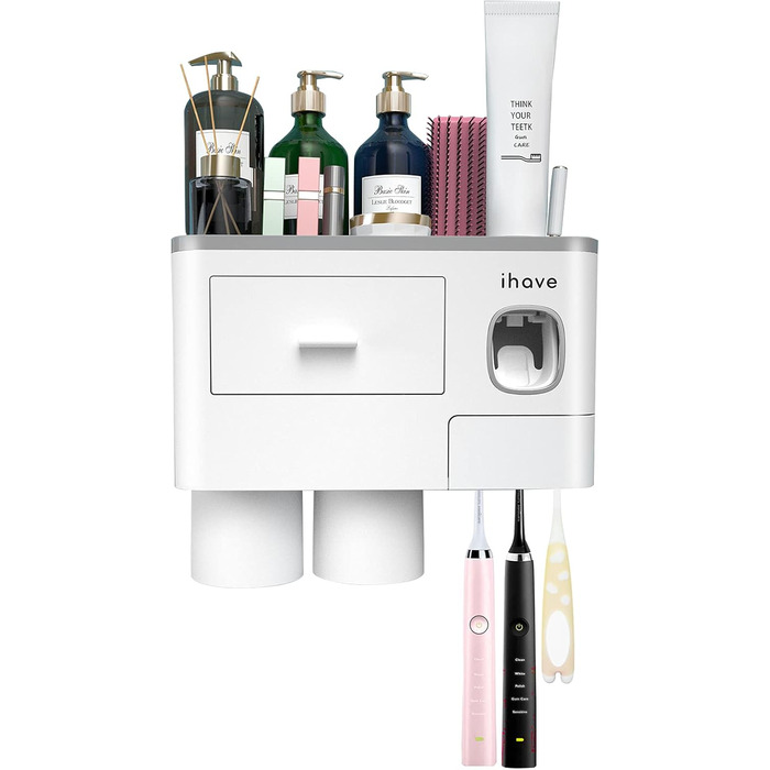Тримач для зубних щіток для прикраси ванної кімнати, настінний тримач для зубних щіток на 2 кружки з дозатором зубної пасти, аксес