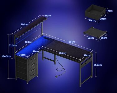 Ігровий стіл Coleshome зі світлодіодним освітленням, 130 x 100 см, двосторонній ігровий стіл з шухлядами та розетками, кутовий стіл з відділенням для зберігання та місцем для зберігання, чорний 130 x 100 см, чорний