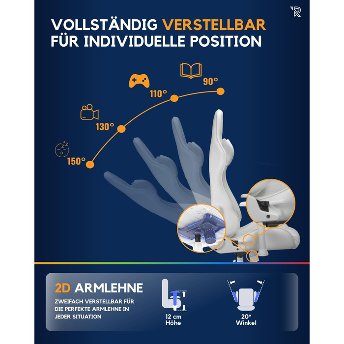 Ергономічне ігрове крісло Felix Original з регульованою спинкою, 2D підлокітниками, подушками для попереку та шиї, високою спинкою, штучною шкірою, міцною сталевою рамою, для високих людей, біло-сірим