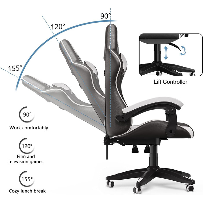 Геймерське крісло, ергономічне крісло з високою спинкою, шкіра синтетична, регульований підголівник та поперекова підтримка, кут нахилу 155, металевий каркас, плавно обертаються колеса, регулювання висоти, чорно-білий колір