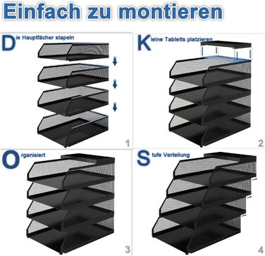 Лоток для документів PUNCIA A4, лоток для листів з 4 металевими відділеннями, органайзер для файлів, лоток для паперу, система для зберігання документів, тримач для документів для офісу, навчання, школи, офісних меблів, чорний, 32 x 25 x 31 см