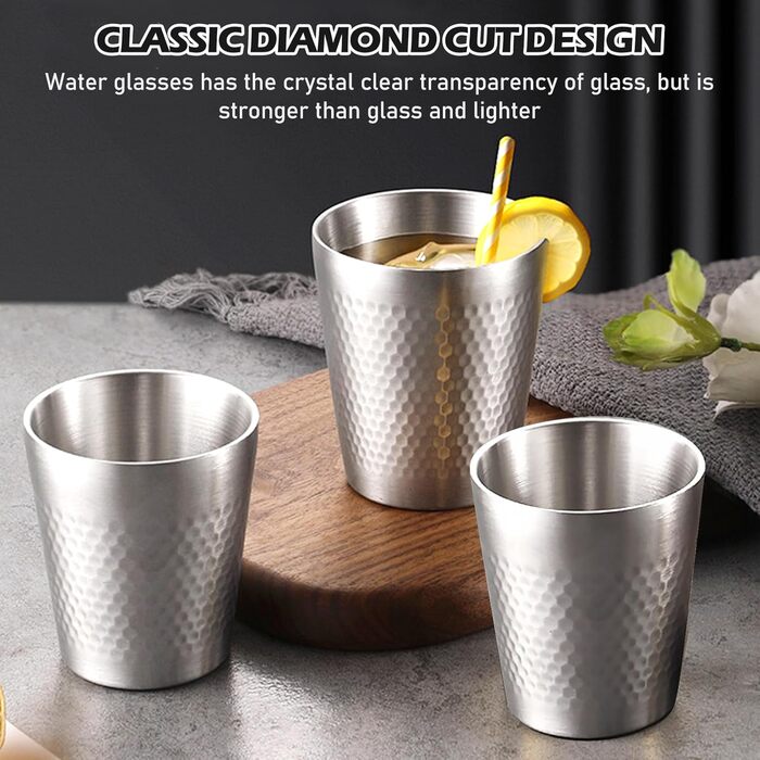 Набір чашок з нержавіючої сталі (5 предметів), штабельовані металеві чашки для пиття об&39ємом 300 мл з подвійними стінками, ударостійкі чарки, туристичні кухлі з молотковим візерунком, ізольовані чашки з нержавіючої сталі для пива, соку, води