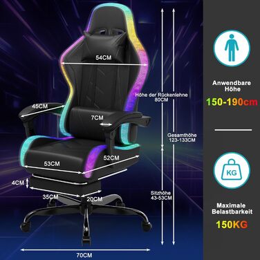 Геймерське крісло Devoko LED ергономічне офісне крісло з функцією масажу та телескопічною підставкою для ніг, регульована спинка (90-135), для геймерів вагою до 150 кг, дизайн, що не турбує очі, насичений чорний колір