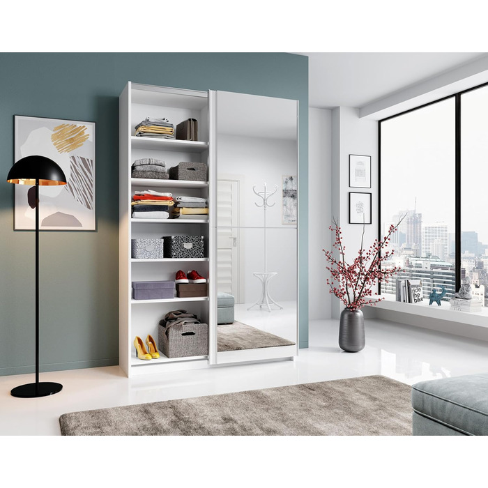 Елегантна шафа/гардеробна з дзеркальними дверима та великою кількістю місця для зберігання - Універсальна шафа з розсувними дверима білого кольору - 125 x 195 x 38 см (Ш/В/Г) Біла з дзеркалом, одинарна