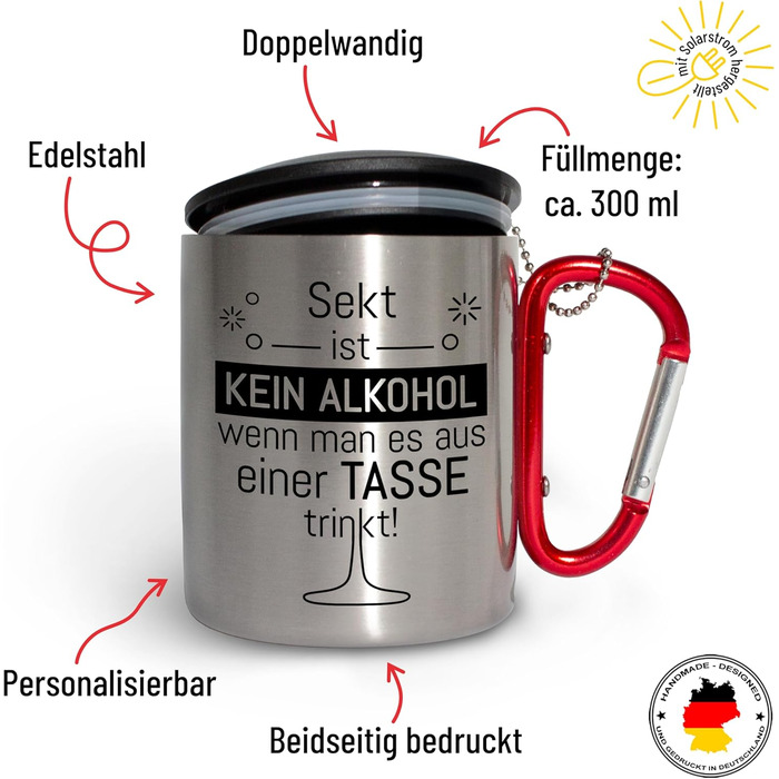 Кухоль True Statements з нержавіючої сталі з кришкою та карабіном, персоналізований Шампанське це не алкоголь Фестивальна або карнавальна кружка 300 мл Подарунок для активного відпочинку та кемпінгу Червоний карабін Шампанське це не алкоголь