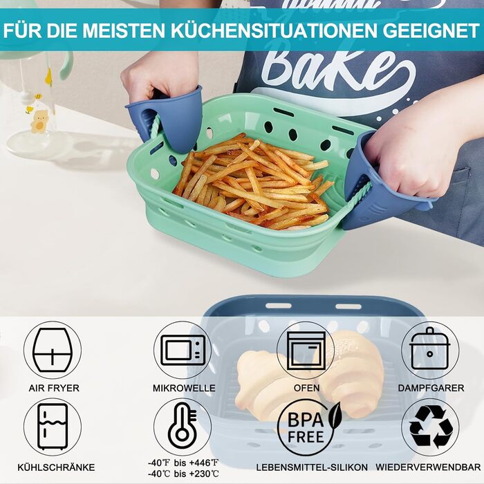 Силіконова форма Аерофритюрниця Квадратна силіконова фритюрниця Аксесуари 22 см Складна аерофритюрниця Форма для випічки Дизайн циркуляції повітря, Харчовий клас, Легкий догляд (Набір 1, СинійЗелений) Квадрат 22 см СинійЗелений