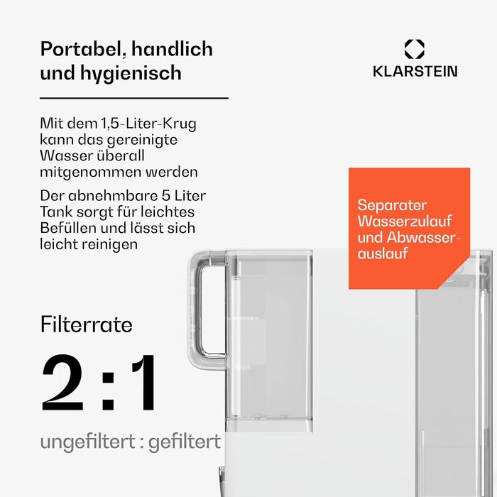 Система зворотного осмосу Klarstein VitalPour - 5-ступінчастий фільтр для осмосу, гаряча вода за 3 секунди, бак 5 л і глечик 1,5 л, 5 рівнів температури, сенсорний дисплей, блокування від дітей, легке встановлення