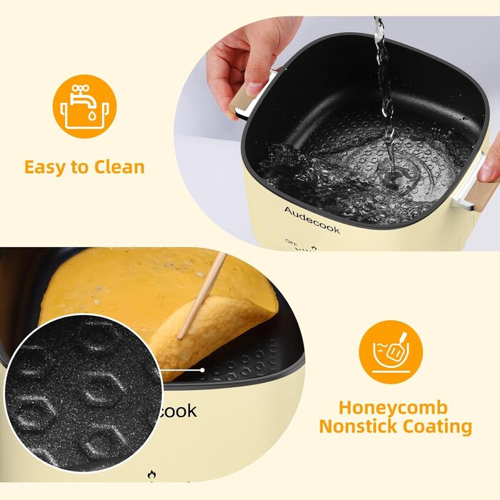 Електрична гаряча каструля Audecook, портативна мультиварка 2,5 л для 1-3 осіб, антипригарне покриття з текстурою бджолиних сот, електрична туристична сковорода вок для стейка/локшини/супу/яйця (бежева)