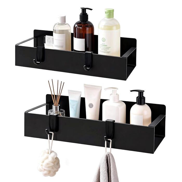 Полиці для душу без свердління, чорні, водостійкий органайзер для ванної кімнати, полиця для шампуню та гелю для душу, кошик для душу з матового чорного металу з тримачем та 4 гачками, 2