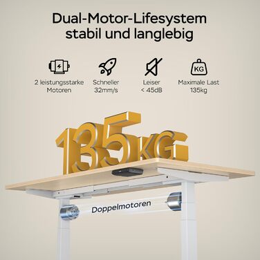 Стіл з регулюванням висоти 140x70 см, цільна стільниця 25 мм, подвійний двигун, 3-рівнева конструкція, інтелектуальне керування з 4 слотами пам&39яті та 2 USB-портами (бежевий білий 140 см x 70 см)
