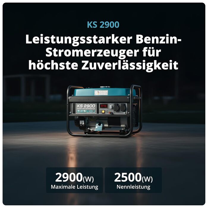 Бензиновий генератор K&S Knner&Shnen KS 2900, аварійний генератор потужністю 2900 Вт, 2x16A (230 В), 12 В, генератор з (AVR), генератор з індикатором рівня оливи, захистом від перевантаження та короткого замикання, генератор