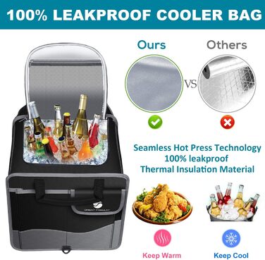 Органайзер для багажника з охолодженням, складаний контейнер для зберігання з антиковзним покриттям, великі відділення, водонепроникний, для автомобіля, седана, позашляховика, пікапа, фургона Чорний