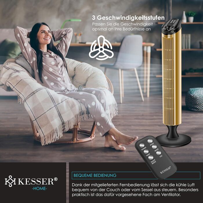 Баштовий вентилятор з пультом дистанційного керування Кут коливання 90 3 швидкості 90 см функція таймера турбо-функція колонний ве