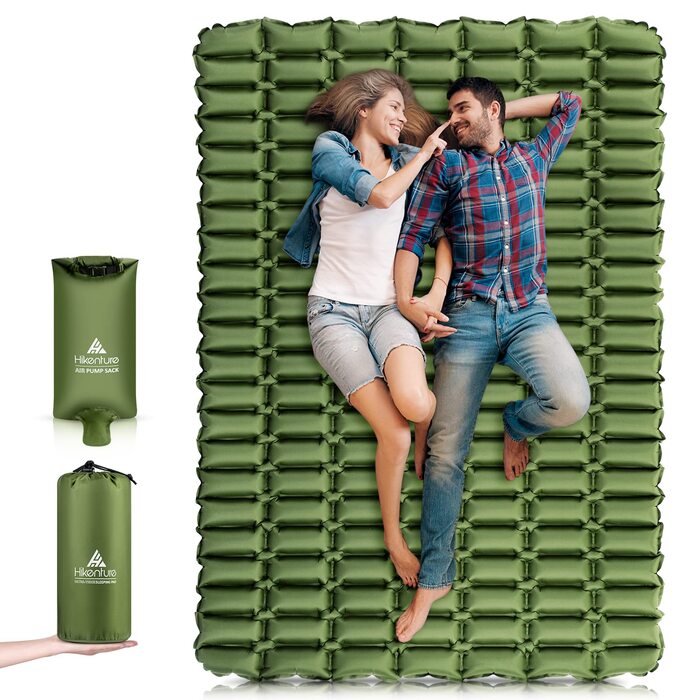Килимок для кемпінгу HIKENTURE для 2 осіб, подвійний килимок для сну, надлегкий, надувний повітряний матрац, невеликий розмір упаковки з мішком-насосом, компактний килимок для сну, килимок для кемпінгу для активного відпочинку, походів, пляжу - зелений