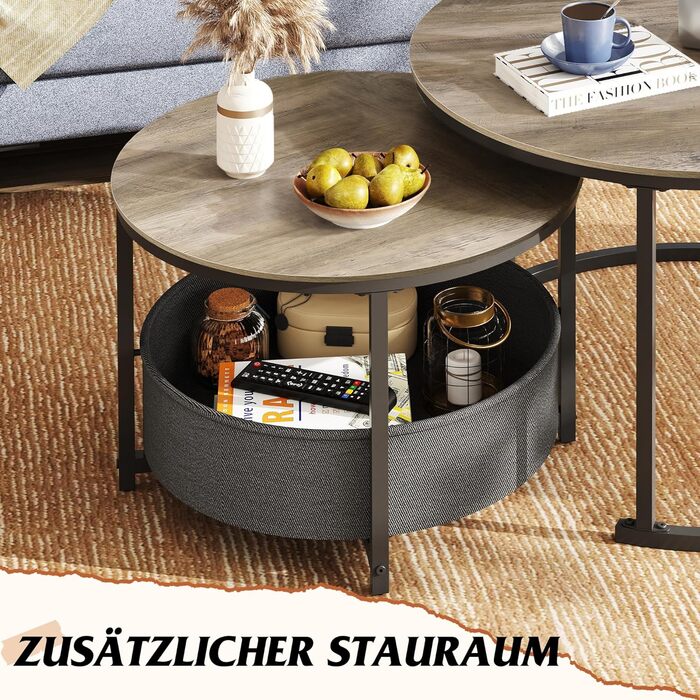 Набір з 2 круглих журнальних столиків WLIVE, сучасний круглий стіл для вітальні, бічний столик з тканинним кошиком, діаметр 80 см, журнальний столик для спальні, домашнього офісу (сірий дуб)