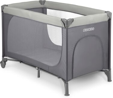 Дитяче ліжечко Ricokids, портативне, манеж, 125x65x78 см, вантажопідйомність 15 кг, складне, два колеса з гальмами, знімний бічний вхід, матрац, сумка, світло-сіре ліжечко, колір Hellgrau
