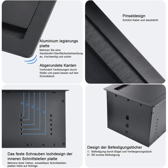 Вбудована настінна розетка для конференц-залу, столу, мультимедійна розетка, срібляста - 2 шт. Schuko - 2 шт. CAT6 - 2 шт. HDMI - USB 3.0 - стерео - USB-C для передачі даних (чорна)