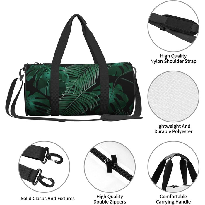 Спортивна сумка для подорожей, принт Листя банана, зелений малюнок, чорний колір, універсальний розмір