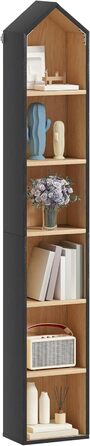 Висока вузька книжкова полиця, кутова тонка у формі будинку, 6-ярусна окремостояча книжкова полиця, компактний дизайн для зберігання речей у домі та офісі, чорний та дубовий, 30Ш 23,5Г 181В см, 2 шт. чорного кольору*2 шт. 23,5Г x 30Ш x 180В см