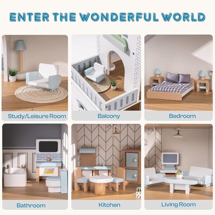 Дерев&39яний ляльковий будиночок ROBUD з підсвічуванням, 3 поверхи, включає меблі та сходи, іграшка для дітей від 3 років