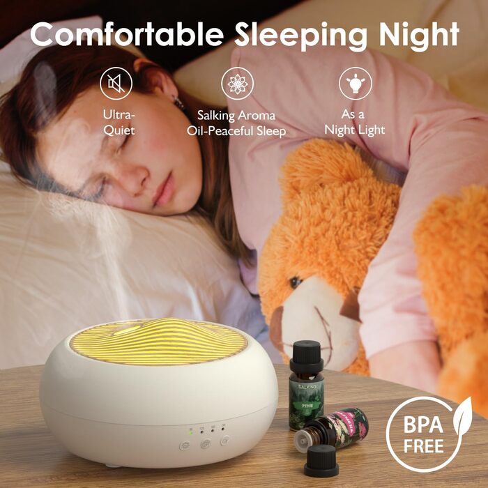 Аромадифузор SALKING, 250 мл ультразвуковий масляний ароматерапевтичний дифузор для ефірних олій, електрична ароматична лампа зволожувача повітря, 7-кольоровий білий дифузор з деревним зерном для домашнього офісу або йоги