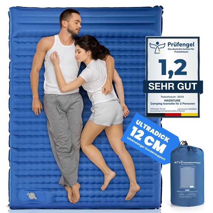 Надувний килимок для сну HIKENTURE 12 см, надлегкий, для кемпінгу для 2 осіб, з ножним насосом для активного відпочинку на природі, для походів, для намету темно-синього кольору