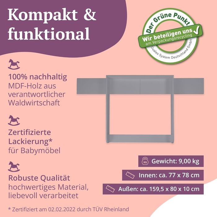 Пеленальний матрацик сумісний з комодами IKEA Hemnes тощо 159,5x80x10 см Пеленальний матрацик з кришкою з сірого дерева МДФ Пелена