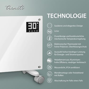 Електричний обігрівач TRINITI, конвекторний обігрівач з термостатом до 2000 Вт, елегантне загартоване скло, світлодіодний дисплей, таймер, тонкий та тихий, захист від перекидання та перегріву, коліщатка, настінний, БІЛИЙ