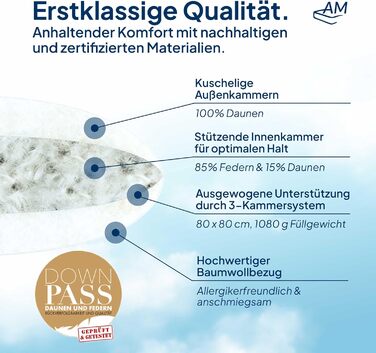 Пухова подушка 80x80 - Зроблено в Німеччині, 3-камерна подушка 80x80 см - зовнішня камера зі 100 пуху - пір&39яна подушка 80 x 80 см, підходить для алергіків - подушка 80x80, наповнювач з пуху та пера, 80 x 80 см