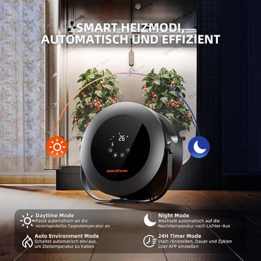 Тепловентилятор Spider Farmer, обігрів 540 Вт, інтелектуальне керування температурою, енергозбереження, тихий, 4 режими та 24-годинний таймер, нагрівальний елемент 10 PTC та вентиляційна трубка, підходить для кімнат з рослинами та гроутентів