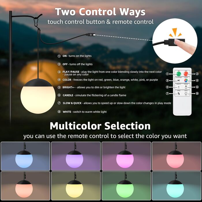 Набір із 2 ламп MALUX Sphere I Вуличний кемпінговий світильник I Світлодіодний підвісний садовий світильник із 8 кольорами I Регульоване освітлення для кемпінгу I Водонепроникний IPX4 I Балконний світильник, кемпінговий світильник