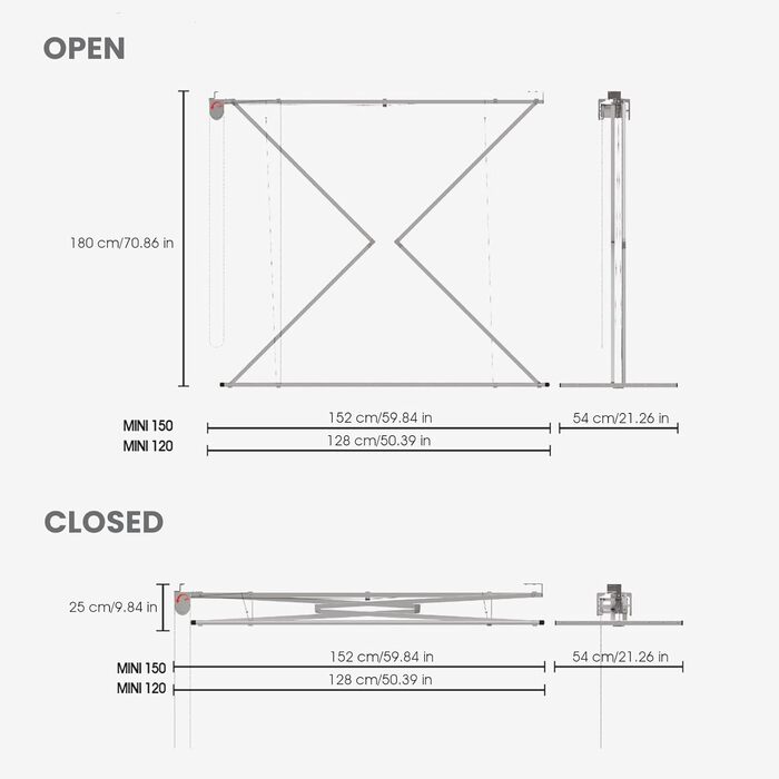 Стельовий візок для одягу, вертикальний візок для одягу, складний з алюмінію та сталі 152x54x25 см (сірий, 150) 152 см Сірий