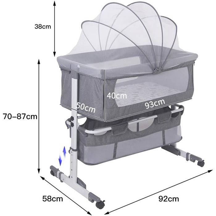 Дитяче ліжечко Supfine Cododo, ліжко 3-в-1 з матрацом та москітною сіткою, регульована висота, мобільна колиска для новонароджених/немовлят, Calidoo з кошиком для зберігання (92 x 58 x 70-87 см, сірий колір), YE360461 сірий 92x58x70-87 см