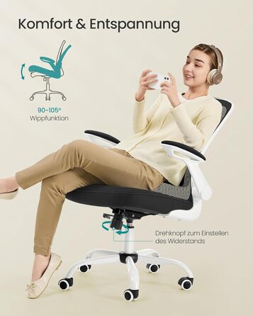 Ергономічне офісне крісло SONGMICS, обертове крісло з сіткою, поперекова підтримка, функція гойдання, розмір сидіння 53 см, складні підлокітники, для роботи та спальні, для студентів, чорно-біле OBN37WT чорний білий без підголівника