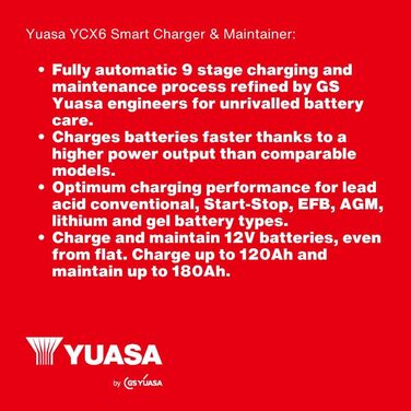 Розумний зарядний пристрій Yuasa YCX6 12V 6A для автомобілів, фургонів та мотоциклів
